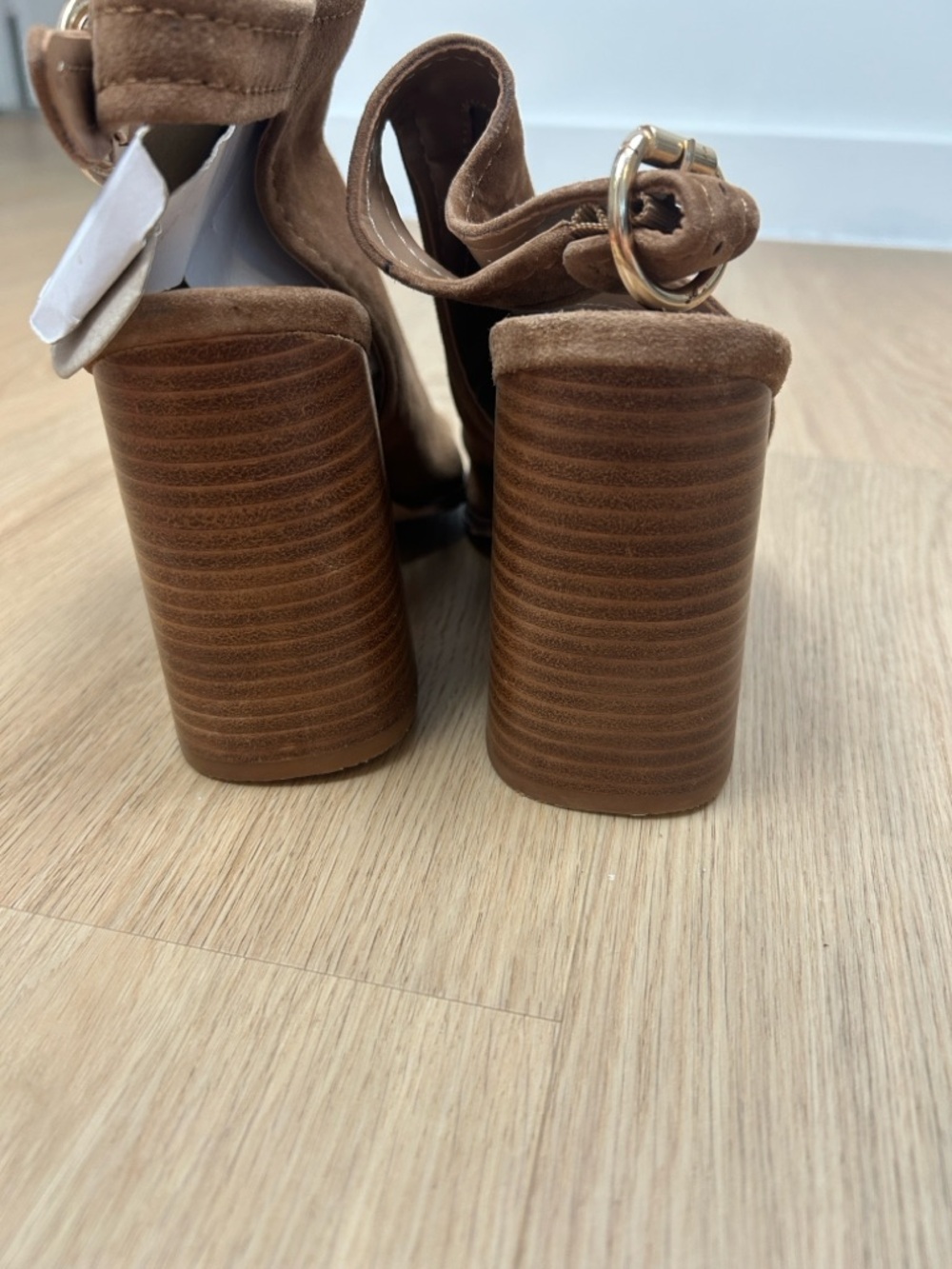 NWT Steve Madden Tan Suede Peep Toe Block Heel Sandals / Boots 9 - Picture 7 of 8